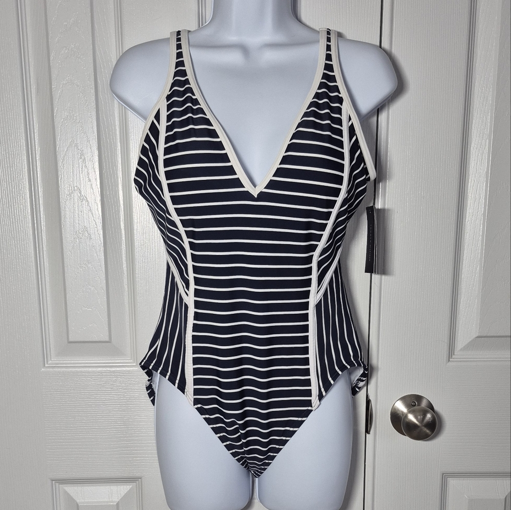 Tommy Hilfiger Swimsuit Navy Blue and White Striped One‎ Peice Women's 12 New